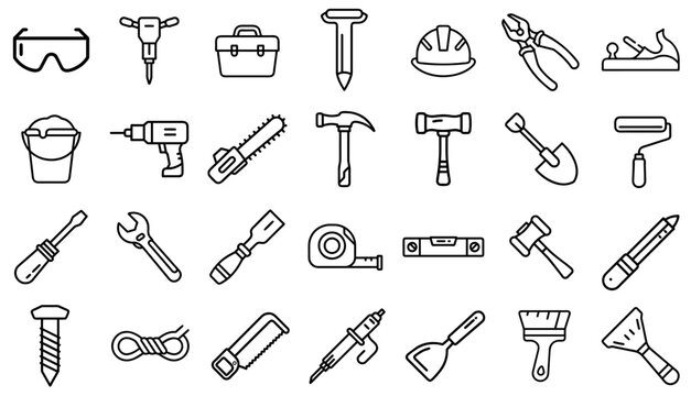 Line icons of various tools and equipment, minimalistic design