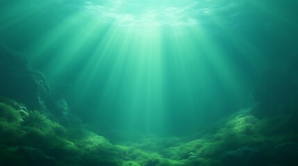 Serene Underwater Scene Sunbeams Green Algae Ocean Floor