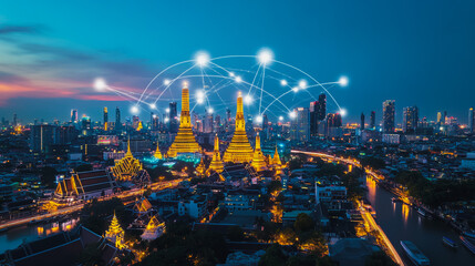 Smart digital city with connection cyber security network reciprocity over the cityscape . future smart wireless digital city and social media networking systems that connects people within the city