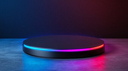 Digital transformation and adaption technology. Modern circular platform with colorful LED lights on a textured surface.