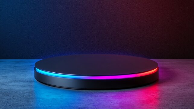 Digital transformation and adaption technology. Modern circular platform with colorful LED lights on a textured surface.