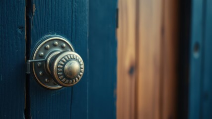 A close-up of a decorative door knob on a blue wooden door, with a blurred background of a wooden panel.