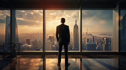 Businessman Gazing at Cityscape, Executive View of Urban Horizon.