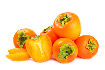 Persimmon isolated on white background. Persimmon fruit. Slice of ripe, juicy, sweet persimmon fruit. Vegan. Fruit garden. Close-up.