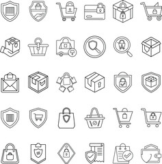 Secure Online Shopping Cart, Package, Shield, Lock Icons