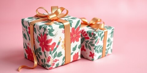 Two festively wrapped gifts adorned with floral patterns and tied with golden ribbons, resting on a soft pink background.