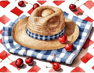 Water Color Illustration Straw Hat and Fresh Cherries on a Picnic Blanket