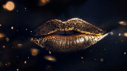 Glittering Golden Lips with Sparkling Effects on Black