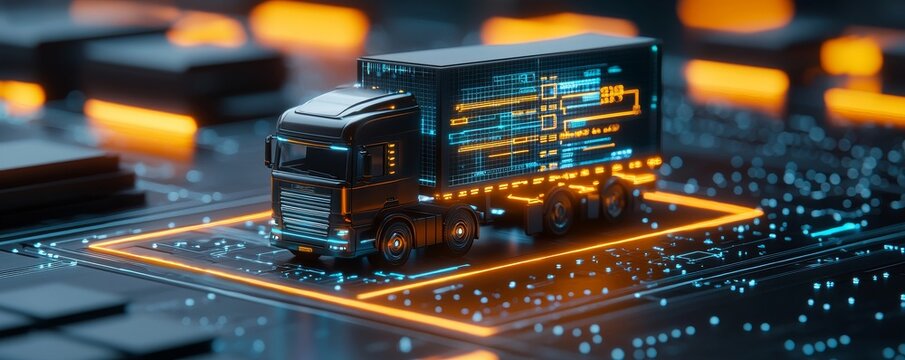 Digital transformation and adaption technology. Futuristic truck on a digital circuit board background.