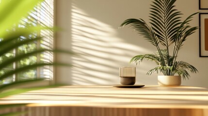 Obraz premium A potted plant sits on a wooden table in a room with a window