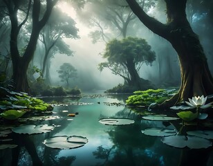 Misty Forest Pond with Lotus Flowers and Serene Light Reflections