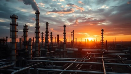 A sprawling oil refinery with towering distillation columns, pipelines weaving through the complex, and a dramatic sunset casting a golden glow over the industrial scene