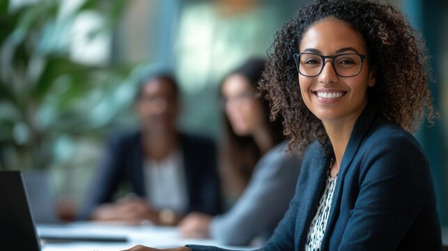 Diverse businesswoman smiling at reports, engaged coworkers discussing digital strategy, collaborative office environment, teamwork in action
