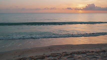 Serene Beach At Sunset, With Soft Pastel Hues In The Sky, Calm Waves Lapping At The Shore, And Distant Islands On The Horizon