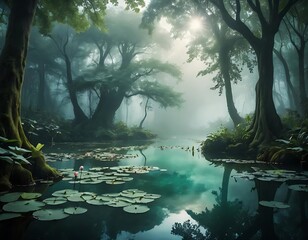 Misty Forest Pond with Lotus Flowers and Serene Light Reflections