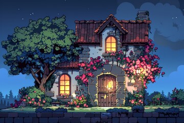 Fototapeta premium Charming stone house illuminated by warm light surrounded by colorful flowers at night