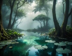 Misty Forest Pond with Lotus Flowers and Serene Light Reflections