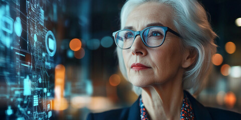 senior busines woman with computer cyber theme and serebral wiring, office on background 