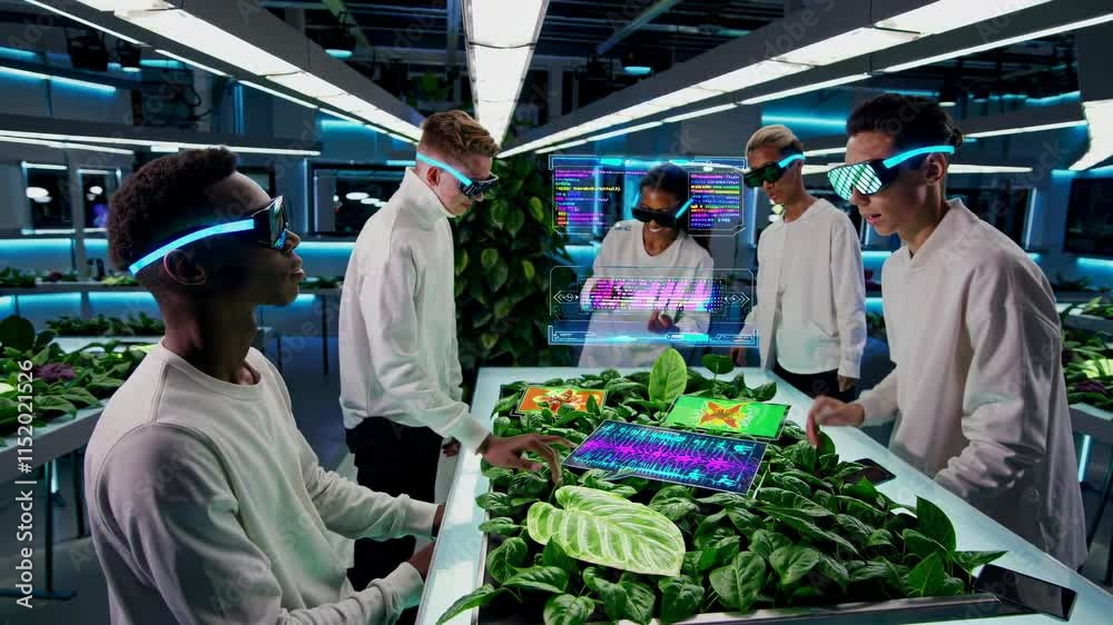 Fototapete Innovative technology team collaborates in a futuristic lab using holographic displays and smart devices
