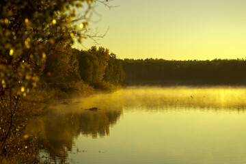 Fog on the river bank one autumn day