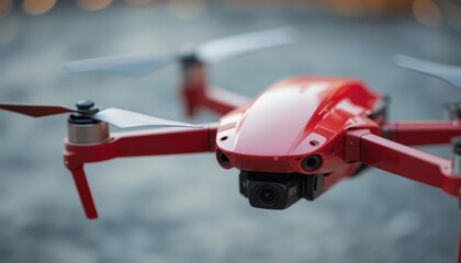 Close-up of a red drone flying outdoors with blurred background