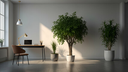 Minimalist Home Office with White Desk Green Plant and Abundant Natural Light for Productivity