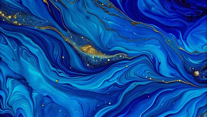 Hand painted background with mixed liquid blue and golden paints. Abstract fluid acrylic painting....