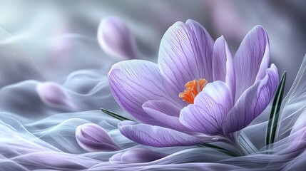 Obraz premium Delicate purple crocus blossom on sheer fabric.