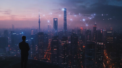 Smart digital city with connection cyber security network reciprocity over the cityscape . future smart wireless digital city and social media networking systems that connects people within the city