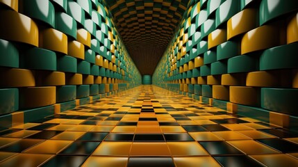Abstract Yellow and Green Tunnel of Illusion: A 3D Digital Art