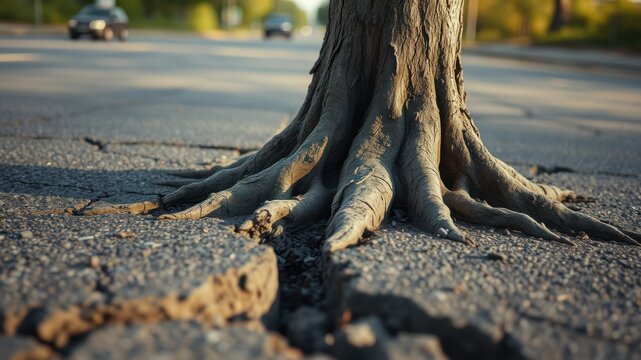 A close-up view of tree roots pushing through asphalt, a testament to the enduring power of nature's growth.