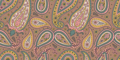 Colorful seamless pattern with Paisley motifs on brown background. Traditional indian repeat design. Mughal abstract wallpaper