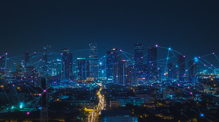 Fototapeta premium Smart digital city with connection cyber security network reciprocity over the cityscape . future smart wireless digital city and social media networking systems that connects people within the city