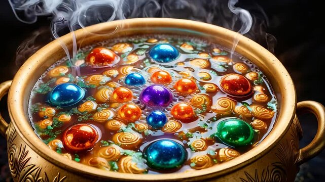 Colorful Magical Potion in Golden Cauldron