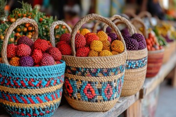 Fototapeta premium Fresh fruits in colorful decorative bowls