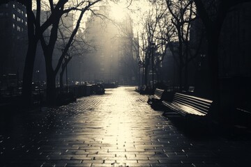 Black and white photograph of a misty park pathway