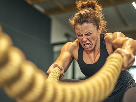 Focused athlete training with battle ropes for strength in intense gym workout.