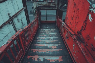 Old red staircase with peeling paint and rustic charm