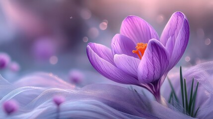Single purple crocus blossom on soft purple fabric with bokeh.