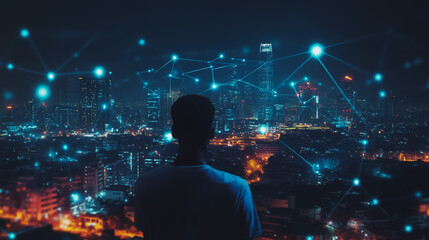 Obraz premium Smart digital city with connection cyber security network reciprocity over the cityscape . future smart wireless digital city and social media networking systems that connects people within the city