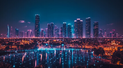 Obraz premium Smart digital city with connection cyber security network reciprocity over the cityscape . future smart wireless digital city and social media networking systems that connects people within the city