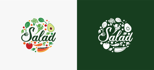 Salad logo design template with vector icons of vegetables and fruit, health food menu logo