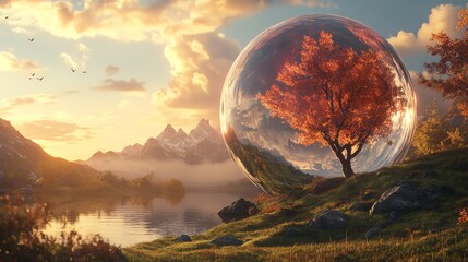 A serene landscape featuring a glowing tree within a protective bubble, surrounded by mountains and a calm lake.
