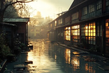 Rustic wooden buildings in a foggy early morning
