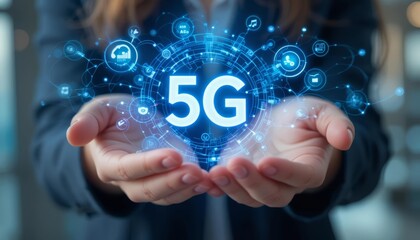 Hands presenting a glowing 5G network icon
