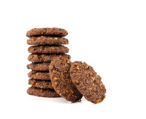 Chocolate oatmeal cookies, healthy cereal oat crackers with nuts, crispy homemade cookie with cocoa powder