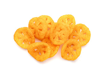 Corn puff snack isolated, crunchy cereal nosh, crispy yellow rice breakfast with paprika