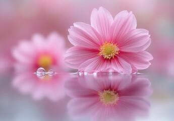Fototapeta premium [Closeup of pink flowers with yellow centers on water] Vibrant Pink Flowers Reflections Waterfall Beauty Close-up Nature Photography