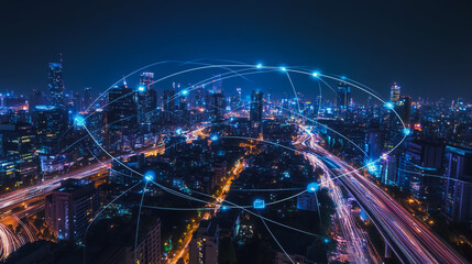 Fototapeta premium Smart digital city with connection cyber security network reciprocity over the cityscape . future smart wireless digital city and social media networking systems that connects people within the city