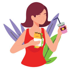 a woman who is carrying food and drink